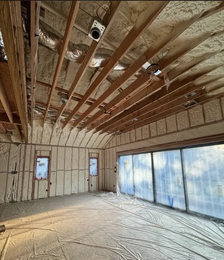 Interior walls and ceiling insulated with spray foam during new construction in Wetumpka